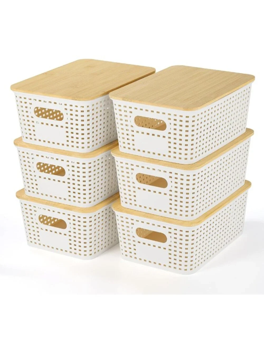 Stackable Plastic Storage Baskets with Bamboo Lids - 6 Pack for Organizing Home